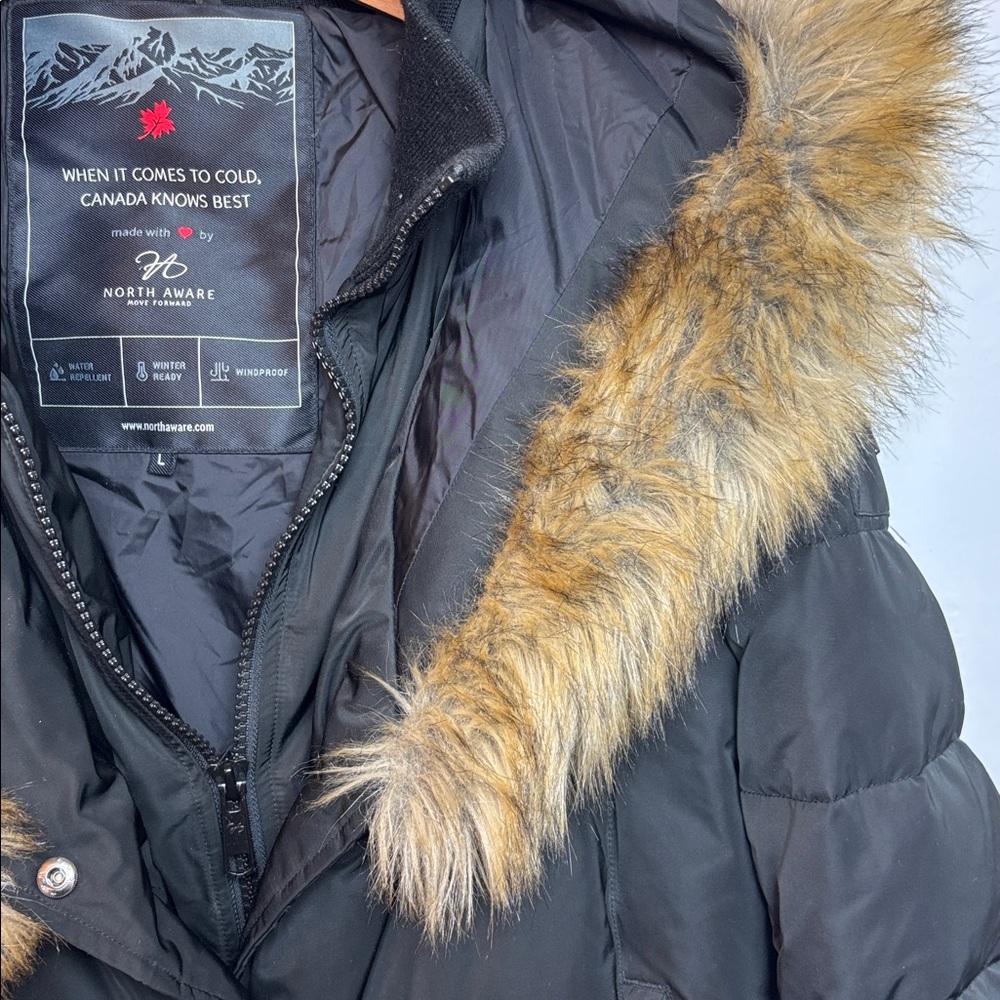 North Aware Women's Large Black Smart Winter Parka Faux Fur-Trimmed Hooded - Picture 4 of 14